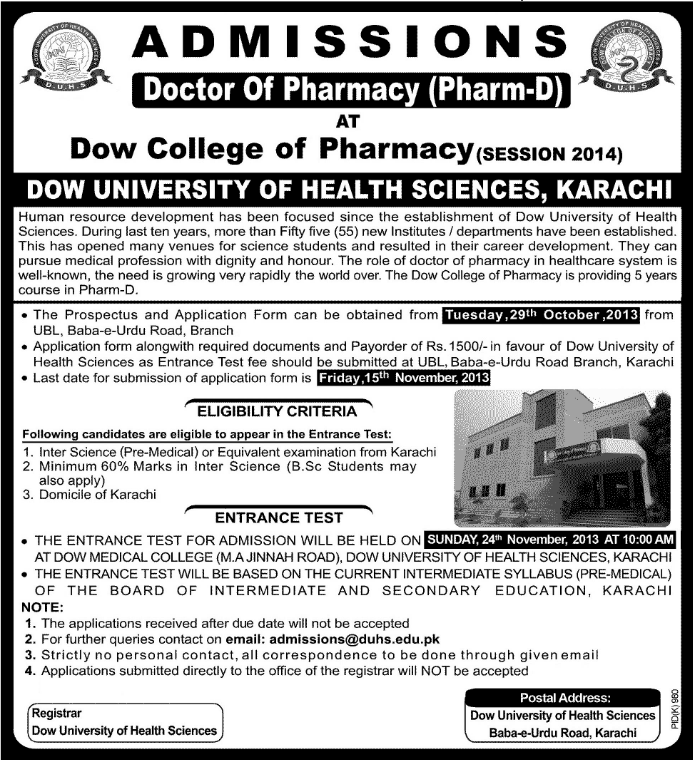 Dow University of Health Sciences Admission Notice 2013 1