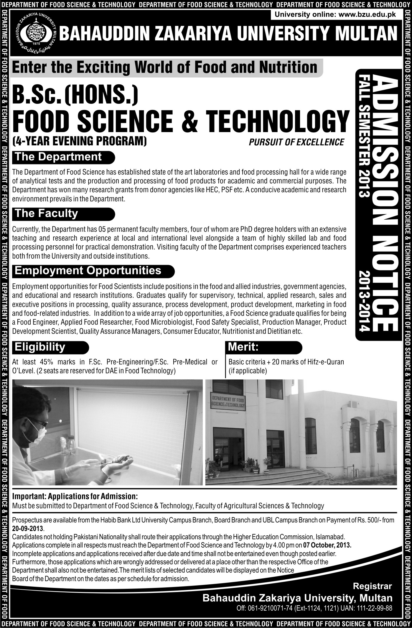 Bahauddin Zakariya University BZU Multan Admission Notice 2013 for BSc Hons Food Science and Technology 1