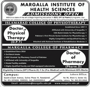 Margalla Institute of Health Sciences Rawalpindi Admission Notice 2013