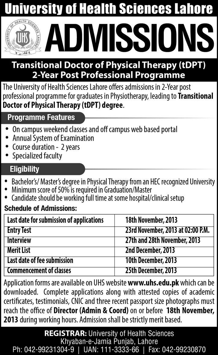 University of Health Sciences Admission Notice 2013 Transitional Doctor of Physical Therapy (tDPT) 1