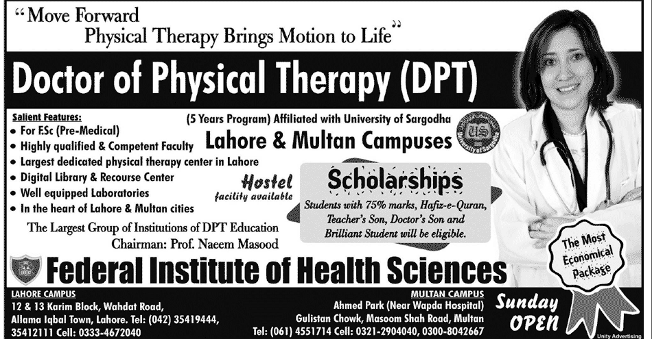 Federal Institute of Health Sciences Admission Notice 2013 for Doctor of Physical Therapy (DPT).