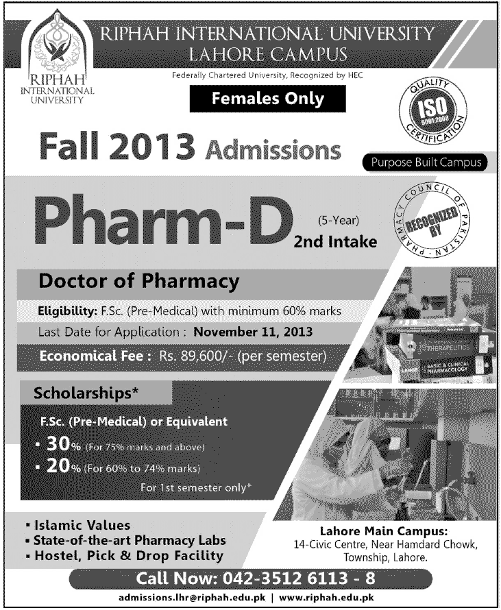 Riphah International University Lahore Admission Notice 2013 for Doctor of Pharmacy (Pharm-D)