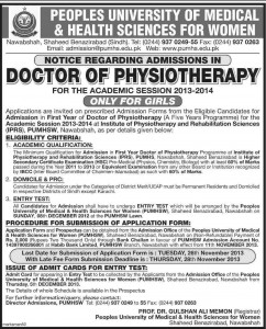 Peoples University of Medical & Health Sciences for Women Shaheed Benazirabad Admission Notice 2013 for Doctor of Physical Therapy (DPT)