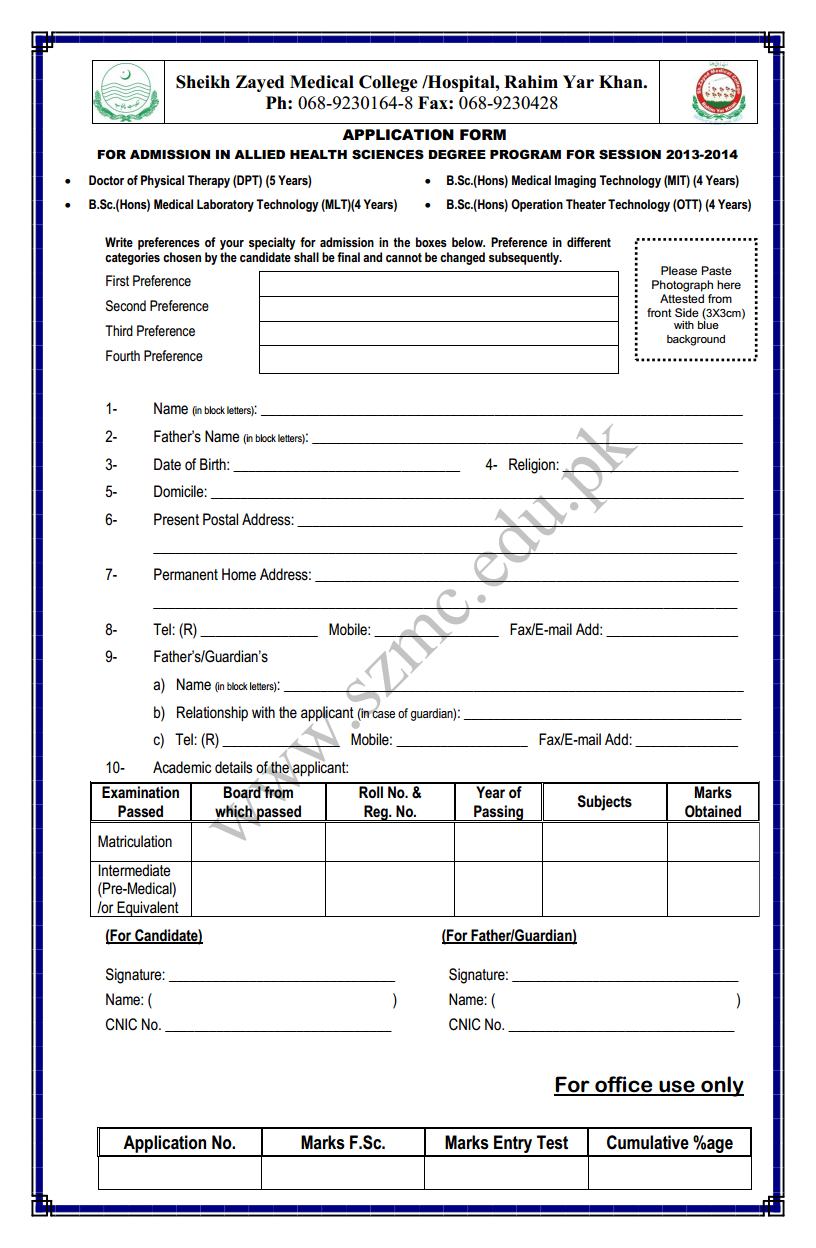 Shaikh Zayed Medical College Application Form for B.Sc. (Hons) Allied health Sciences