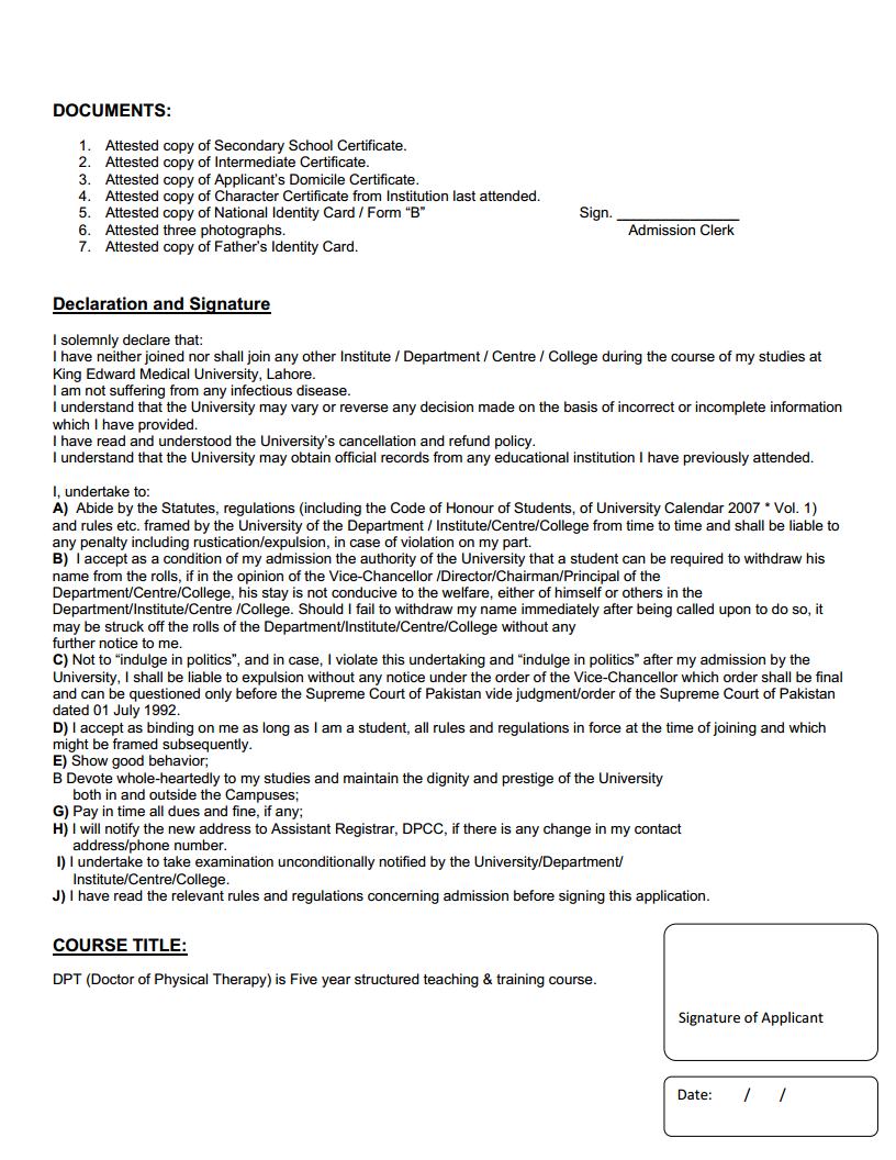 King Edward Medical University, Lahore Application Form for Admission in Five Years, Doctor of Physical Therapy (DPT)