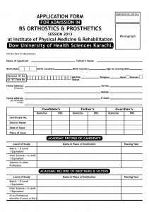 Dow University of Health Sciences Application Form for BS Orthotics & Prosthetics