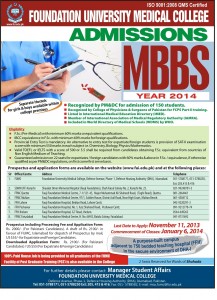 Foundation University Medical College Islamabad Admission Notice 2013 for Bachelor of Medicine, Bachelor of Surgery (MBBS)