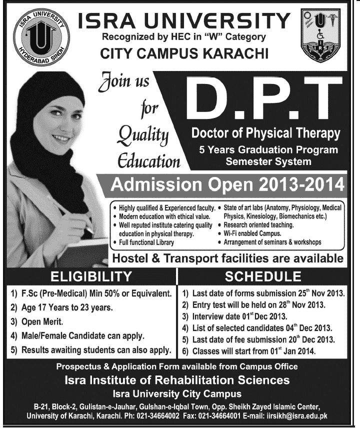 Isra University Karachi Admission 2013 for Doctor of Physical Therapy (DPT)