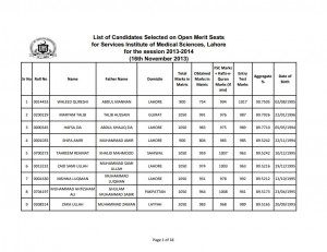 University of Health Sciences (UHS) Lahore: Services Institute of Medical Sciences (SIMS) Lahore Merit List 2013 for Candidates Selected on Open Merit Seats for Government Medical Institutions of the Punjab (Session 2013-2014) (16th November 2013).
