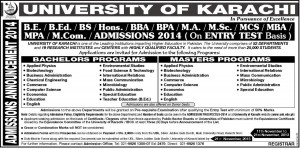 Karachi: University of Karachi UOK Admission Notice for Bachelor's & Master's Programs.