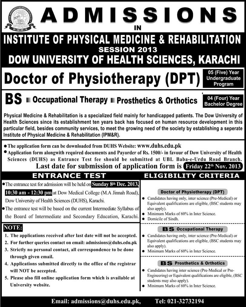 Dow University of Health Sciences Admission Notice 2013
