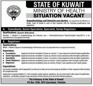 Anesthesiology & Intensive care Doctors are required for the ministry of health, state of kuwait with the following qualification and experiences Registrar, Senior Registrar, Senior Specialist, Specialist, Consultant