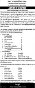 Dental Technician School Lahore Admission Notice 2013 for F.Sc. Dental Technician