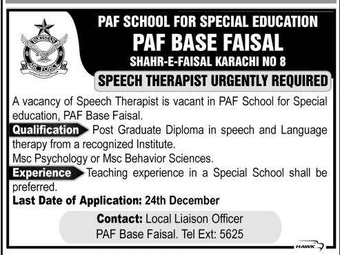 Speech Therapist Jobs In PAF School For Special Education Karachi