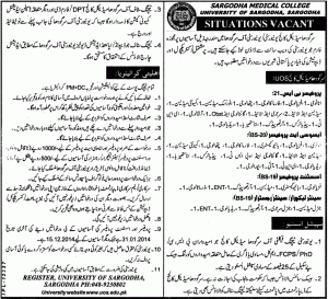Assistant Professor , Associate Professor , Professor , Senior Registrar , Senior Lecturer Jobs in Sargodha Medical College , University of Sargodha