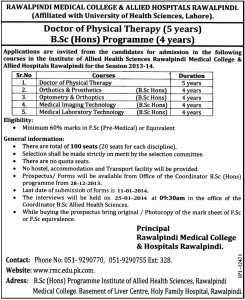 Rawalpindi Medical College Admission Notice 2013 for Doctor of Physical Therapy (DPT) & BSc Hons Allied Health Sciences