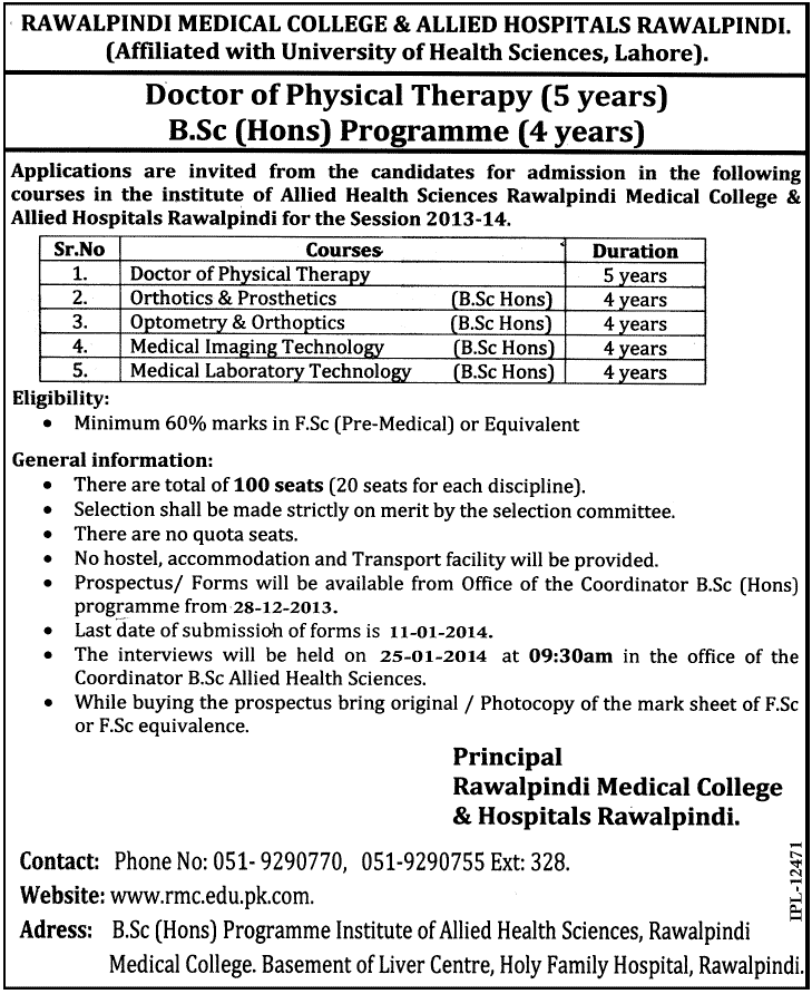 Rawalpindi Medical College Admission Notice 2013 for Doctor of Physical Therapy (DPT) & BSc Hons Allied Health Sciences
