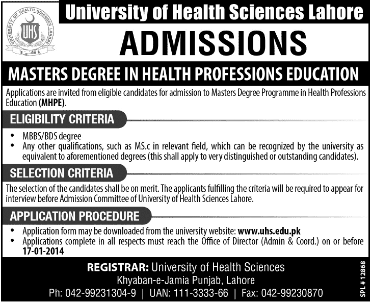 University of Health Sciences (UHS) Lahore Admission Notice 2013 for Masters Degree in Health Professions Education (MHPE)