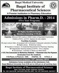 Baqai Institute Of Pharmaceutical Sciences Karachi Admission Notice 2013 for Doctor of Pharmacy (Pharm-D)