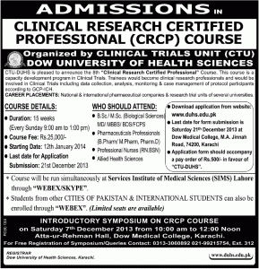 Dow University of Health Sciences Clinical Trials Unit Admission Notice 2013