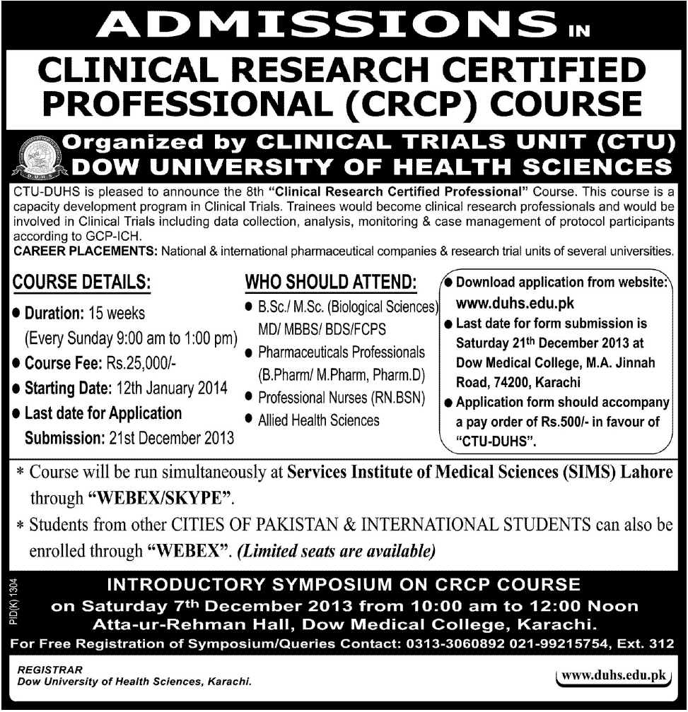 Dow University of Health Sciences Clinical Trials Unit Admission Notice 2013