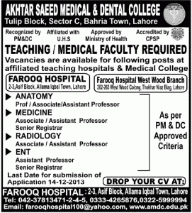 Professor , Assistant Professor , Associate Professor & Senior Registrar Jobs at Akhtar Saeed Medical & Dental College Lahore