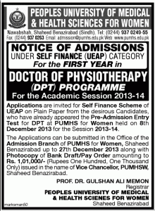 Peoples University of Medical & Health Sciences for Women Shaheed Benazirabad Admission Notice 2013 for Doctor of Physical Therapy (DPT)