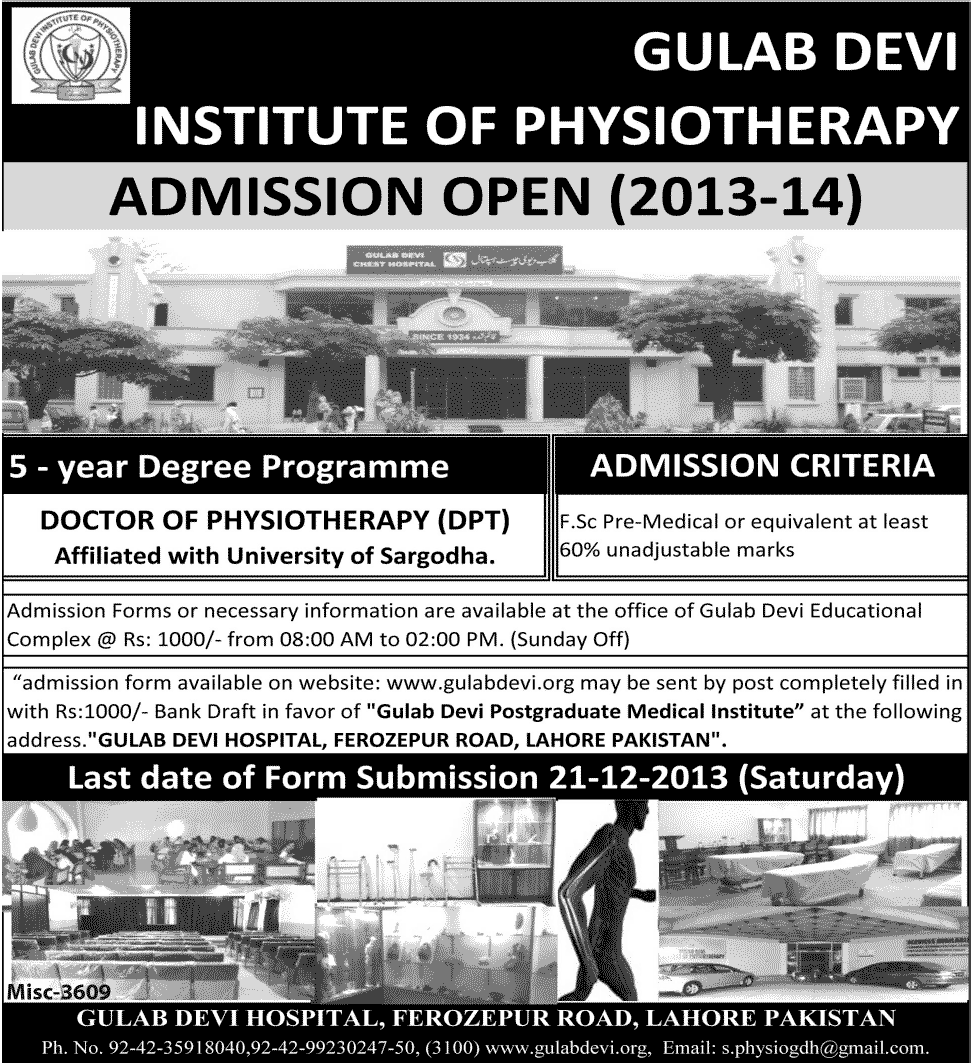 Lahore: Gulab Devi Institute of Physiotherapy Admission Notice 2013 for Doctor of Physical Therapy (DPT)