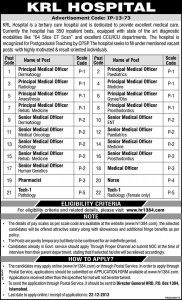 medical officer , senior medical officer , nurse , pharmacist , technician jobs at KRL Hospital Islamabad