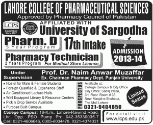 Lahore: Lahore College of Pharmaceutical Sciences LCPS Admission Notice 2013 for Doctor of Pharmacy (Pharm-D) & Pharmacy technician