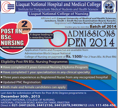 Liaquat National Hospital and Medical College Karachi Admission Notice 2013 for Post RN B.Sc. Nursing