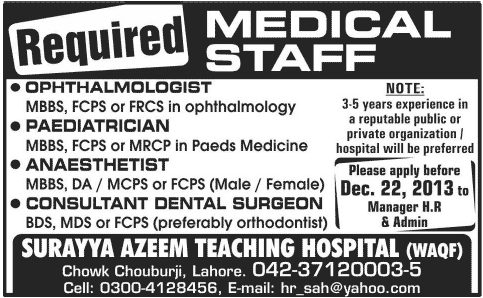 Ophthalmologist , Pediatrician , Anesthetic , Consultant Dental Surgeons Jobs in Surayya Azeem Teaching Hospital Lahore
