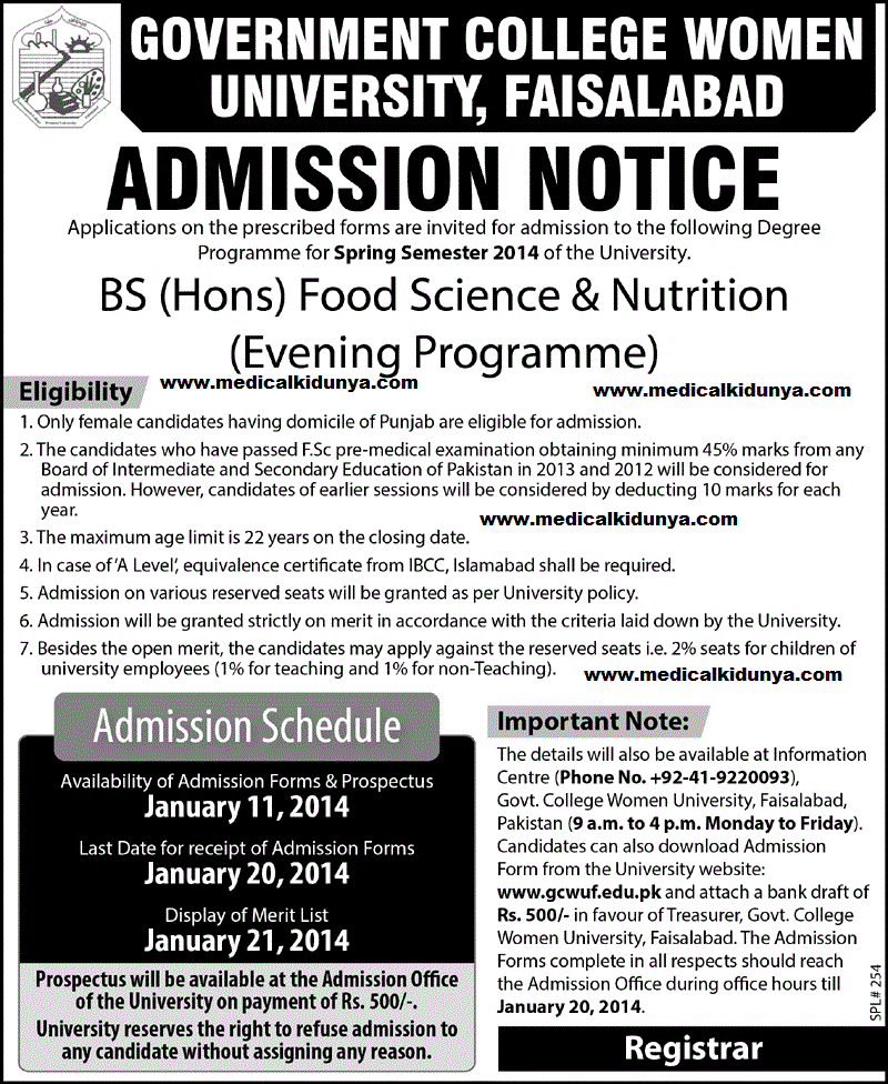 Government College Women University Faisalabad (GCWUF) Admission Notice For BS (HONS) Food Science & Nutrition 2014
