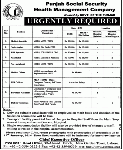 Nephrologists, Medical Specialist, ENT Specialist, Anesthetist, Neonatologist, Medical Officer Doctors & Dialysis Technician Jobs in Punjab Social Security Health Management Company