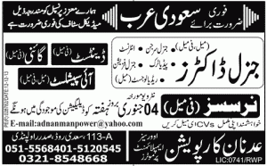 Radiologist, Pediatrics, Dentist, Gynecology, Eye Specialist, General Surgeon, General Physician, Internist Doctors Jobs in Saudi Arabia