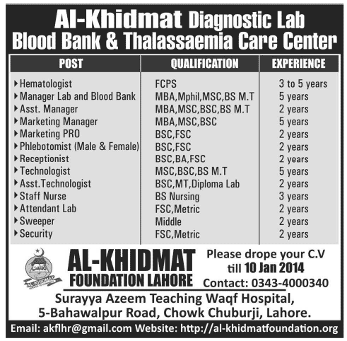 Hematologist, Manager Lab and Blood Bank, Asst. Manager, Marketing Manager, Marketing PRO, Phlebotomy, Receptionist, Technologist, Asst.Technologist, Staff Nurse, Attendant Lab, Sweeper , Security. Required For Al-Khidmat Diagnostic Lab Blood Bank & Thalassaemia Cane Center Lahore