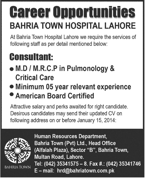 Consultants Jobs in Bahria Town Hospital Lahore