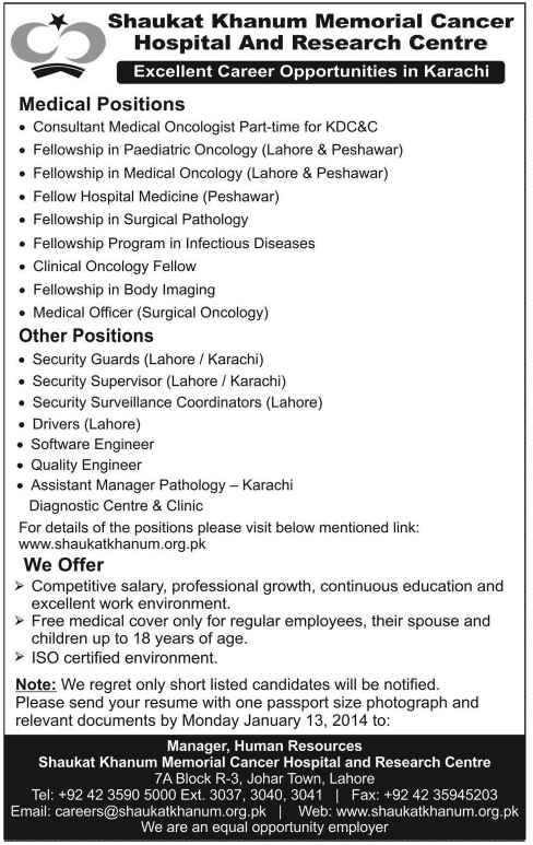 Doctors Medical Officers Oncologists Jobs in Shaukat Khanum Memorial Cancer Hospital & Research Centre Karachi