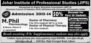 Johar Institute Of Professional Studies (JIPS) Lahore for Doctor of Physical Therapy (DPT), Doctor of Pharmacy (Pharm-D), M.Phil Pharmacology