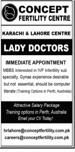 Lady Doctors Jobs in Concept Fertility Centre Karachi & Lahore