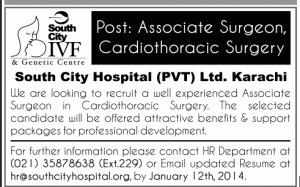 Associate Surgeon & Cardiothoracic Surgery Jobs in South City Hospital Karachi