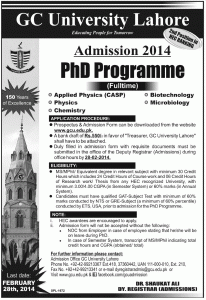Ph.D. in Biotechnology & Microbiology Admission in Government College University Lahore 2014