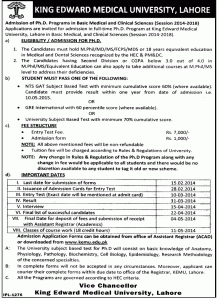 King Edward Medical University (KEMU) Lahore Admission Notice for Ph.D. Programs in Basic Medical Sciences & Clinical Sciences 2014-2018