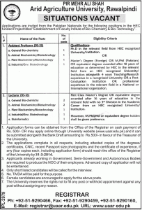 Assistant Professor of Biochemistry, Lecturer of Biochemistry Jobs in Arid Agriculture University Rawalpindi