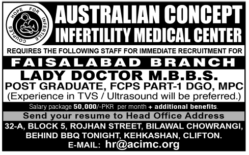 Lady Doctor Jobs in Australian Concept Infertility Medical Center Faisalabad