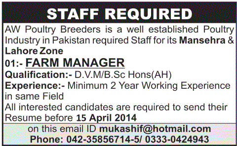 Farm Manager Jobs in AW Poultry Breeders Lahore