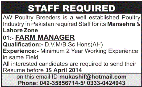 Farm Manager Jobs in AW Poultry Breeders Lahore - medicalkidunya