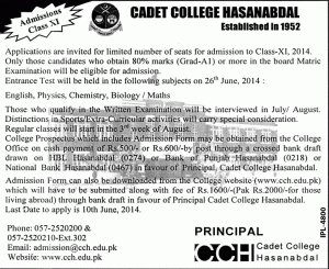 Cadet College Hasanabdal Admission For 1st Year 2014