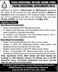 Fazaia Educational Welfare Scheme FEWS Merit & Need Based Educational Scholarships 2014