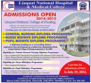 Liaquat National College of Nursing Karachi Admission Notice 2014 for General Nursing Diploma, Nurse Midwife Diploma, Pupil Midwife Diploma